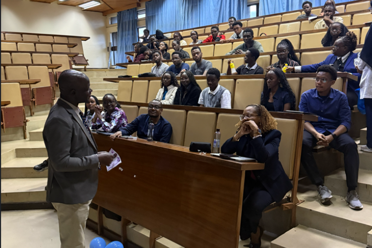 Prof. Daniel Ojuka addressing the University of Nairobi Medical Research Club