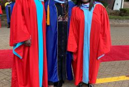 Dr. Susan Odera (left) and Dr. Winnie  Mutai (right) with Chair of the Department Dr. Marianne Mureithi (centre) during the graduation ceremony